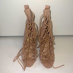 NWOT Open Toe Lace-up Booties in Nude Vegan Suede with 4.5” heel from Lulu’s